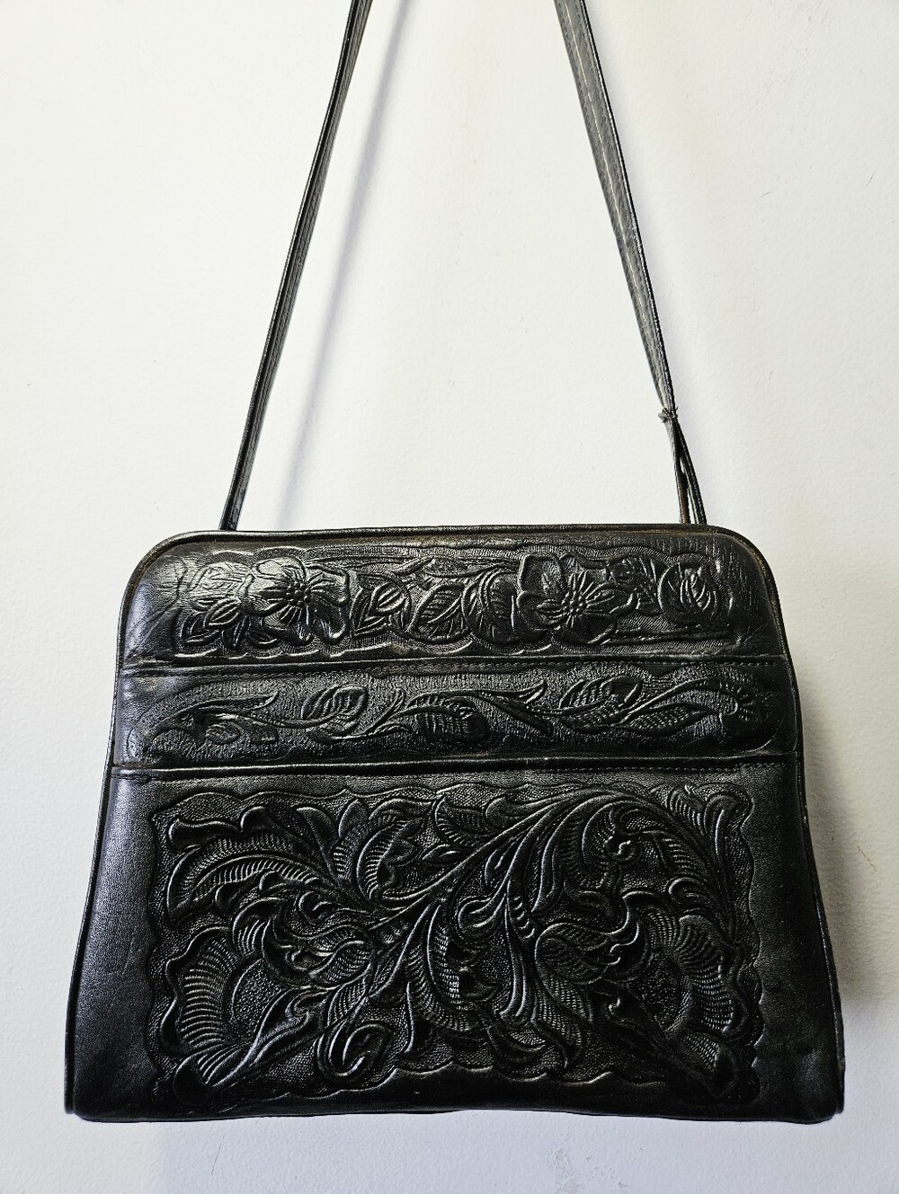 Vintage Floral Hand Tooled Leather Purse Black Handbag Western Boho Aztec - Picture 4 of 9